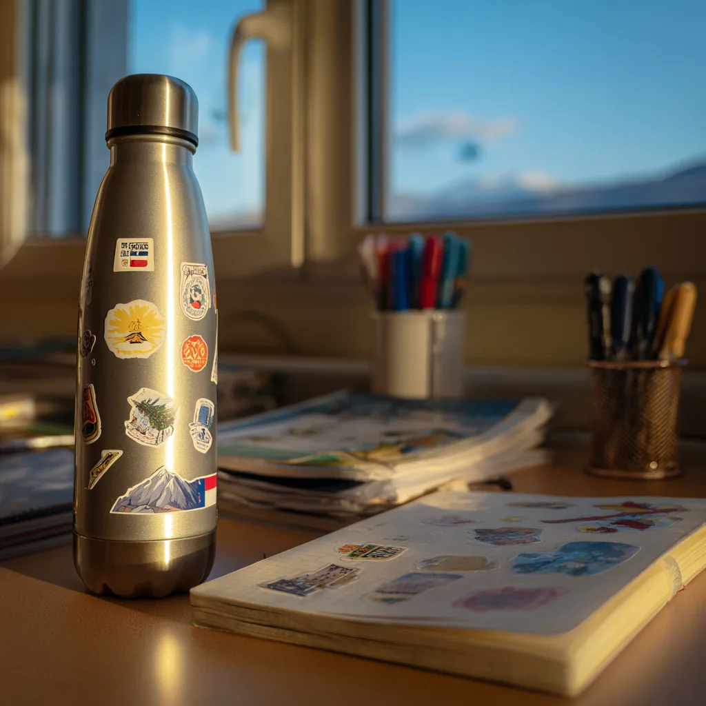 Water bottle decorated with custom stickers