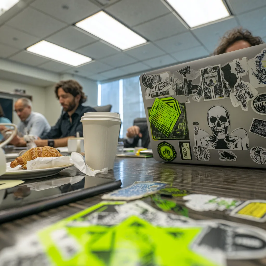 Laptop covered in stickers at office